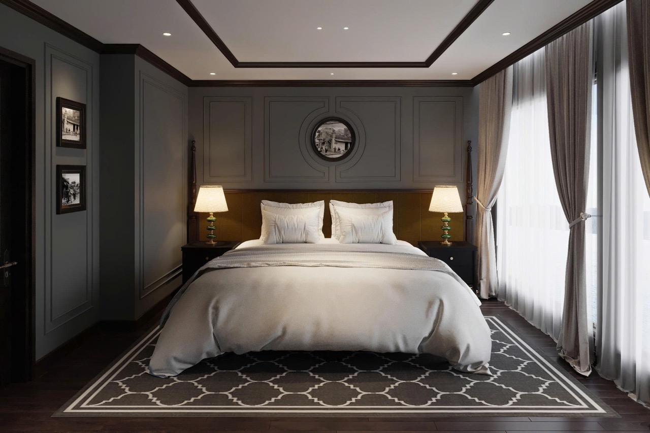 Luxurious hotel bedroom with elegant decor, comfy bedding, and ambient lighting, perfect for a relaxing stay.