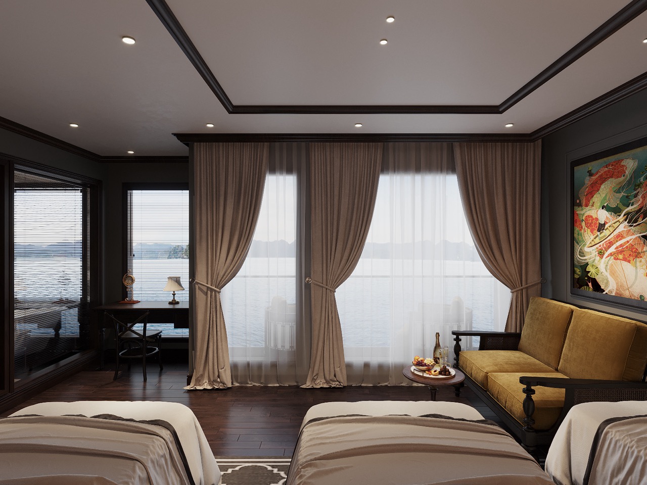 Luxurious hotel room with ocean view and elegant furnishings, perfect for relaxing and vacationing in Vietnam.