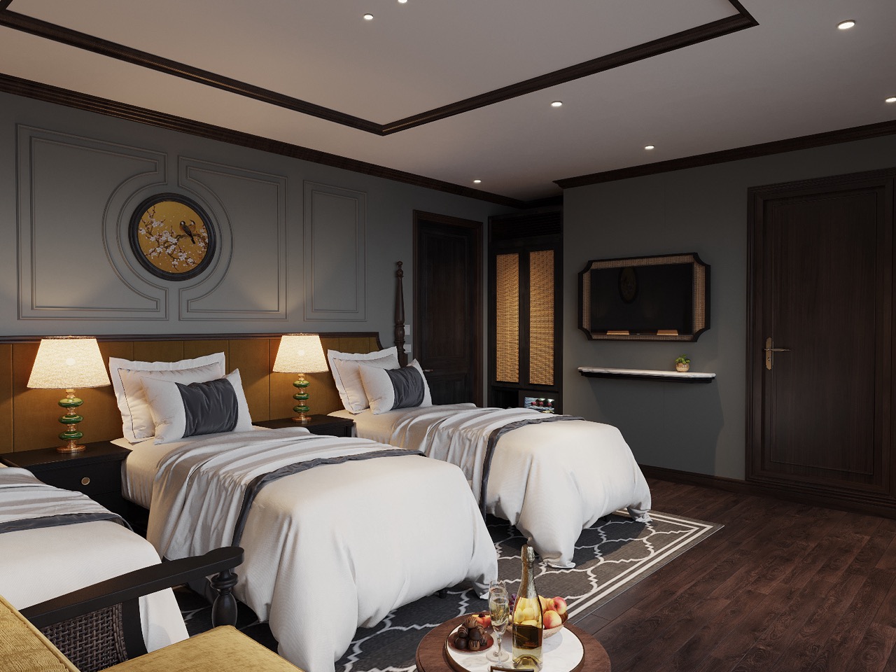 Elegant hotel bedroom with three cozy beds, modern decor, and ambient lighting, perfect for relaxing stays.