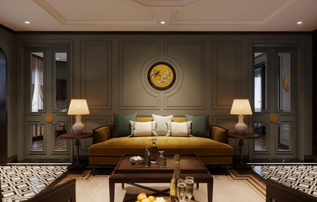 Luxurious hotel living room with elegant sofa, accent pillows, and stylish decor, perfect for upscale travel stays.