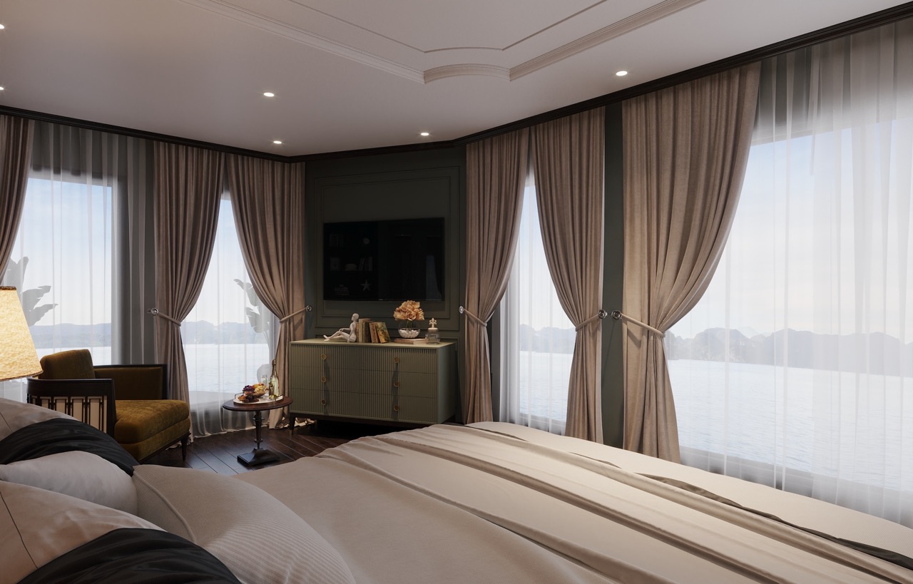 Elegant hotel room with panoramic water views and luxurious curtains, perfect for a relaxing vacation.