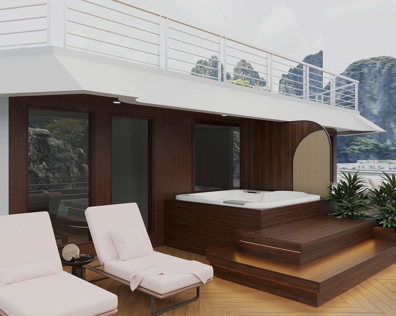 Luxury rooftop Jacuzzi with mountain view in Vietnam.