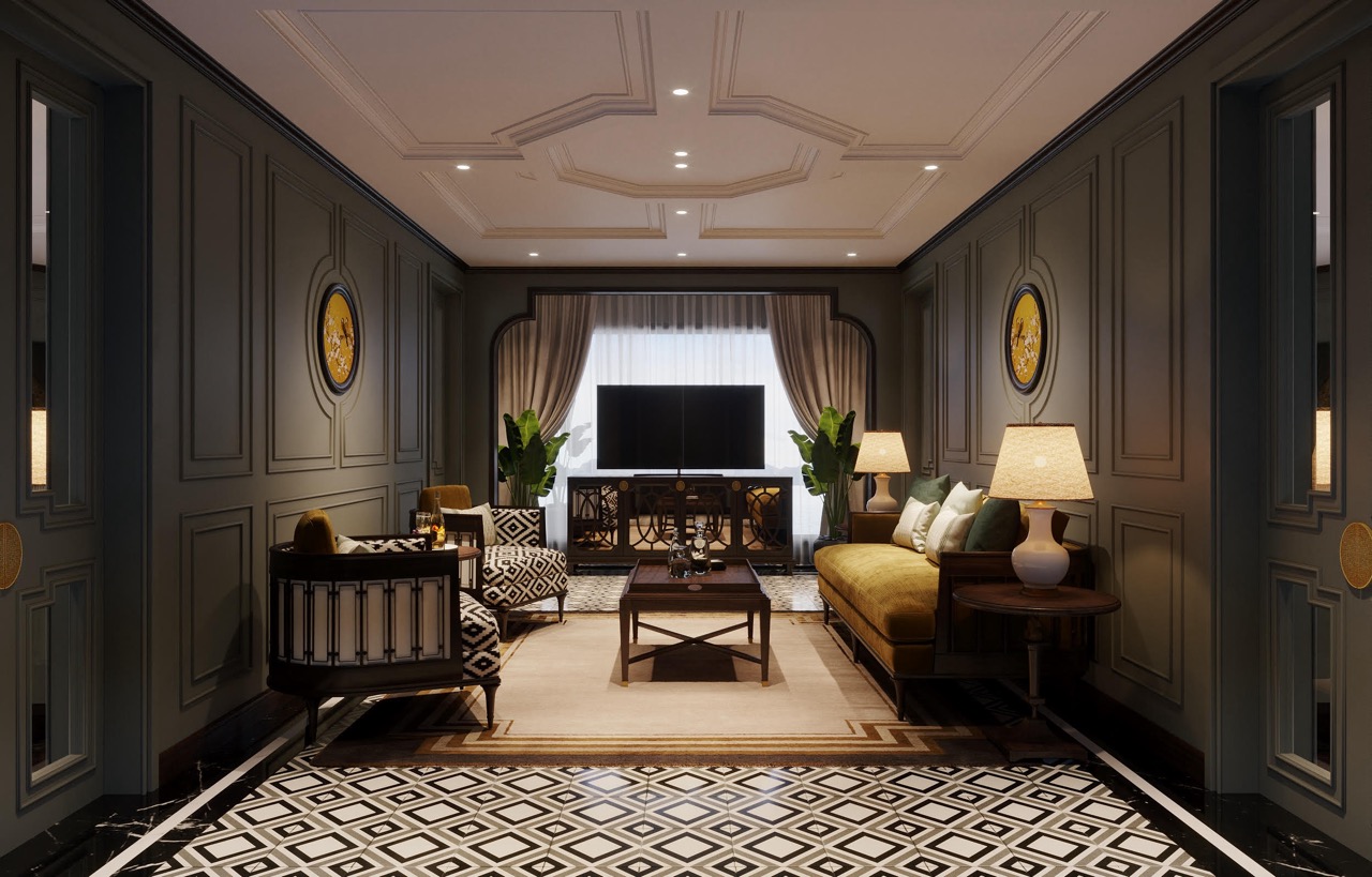 Luxurious living room with elegant décor, plush sofa, and modern entertainment setup.