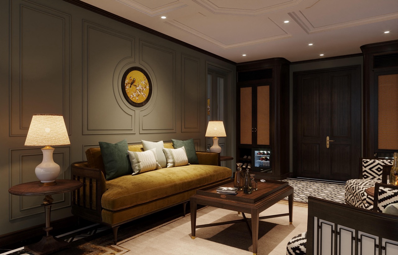 Elegant hotel lounge with cozy seating, warm lighting, and sophisticated decor for a luxurious stay.