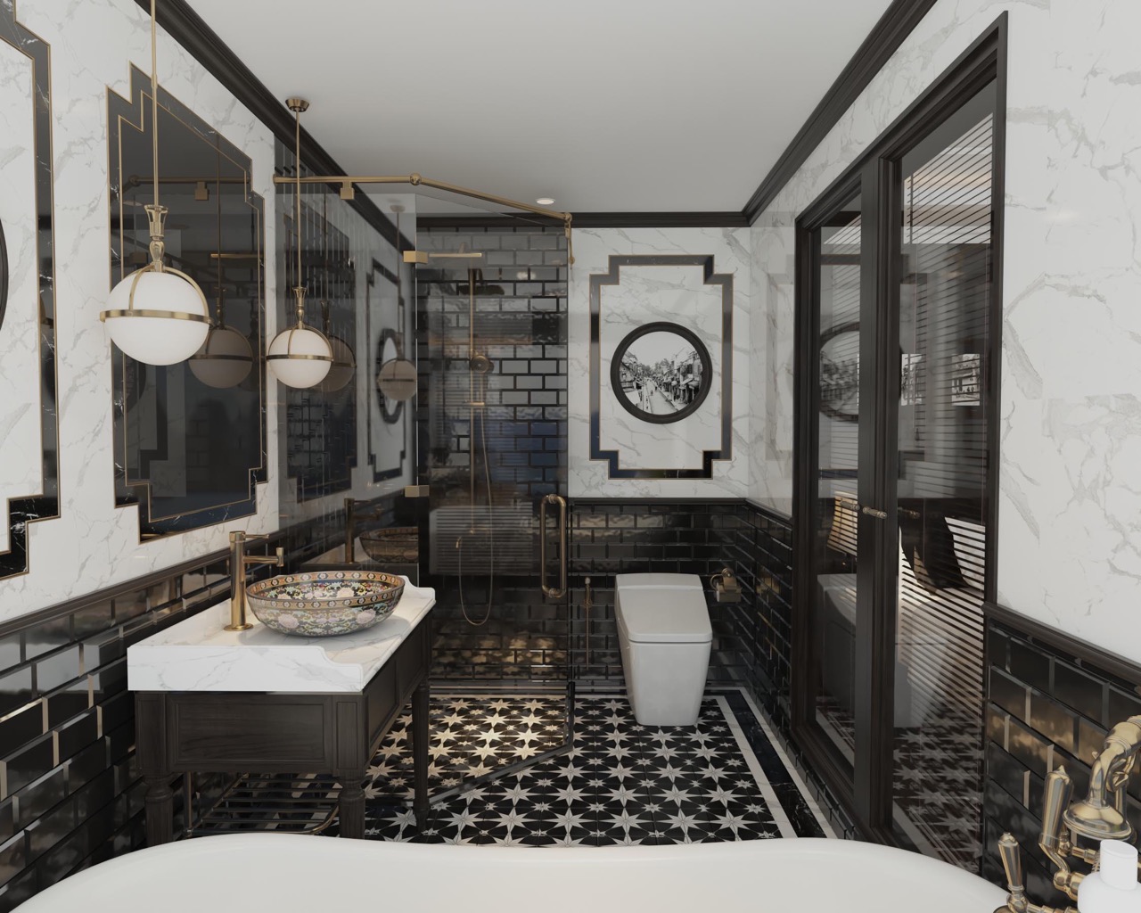 Luxurious black and white marble bathroom with modern fixtures and elegant design elements.