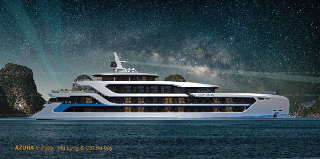 Luxurious yacht on Ha Long Bay under starry night sky, Azura cruises.