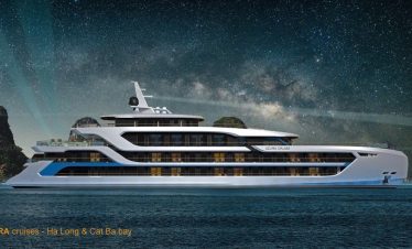 Luxurious yacht on Ha Long Bay under starry night sky, Azura cruises.