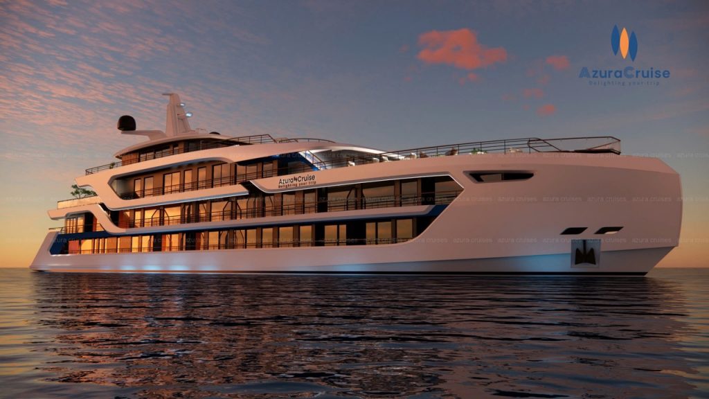 Luxurious cruise ship at sunset, perfect for high-end travel experiences, Azura Cruise vessel, Vietnam tours.