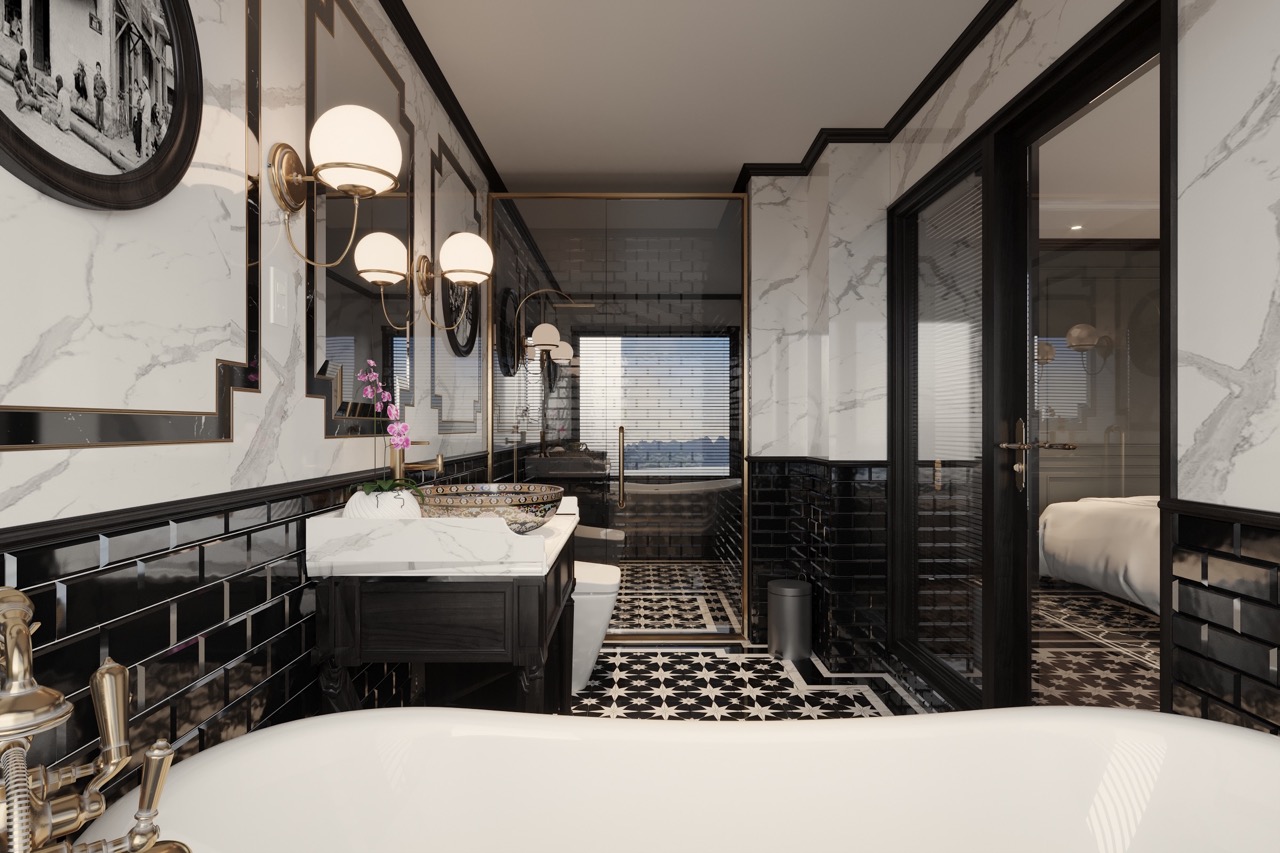 Luxury bathroom with black and white marble design, modern decor, and panoramic city view window.