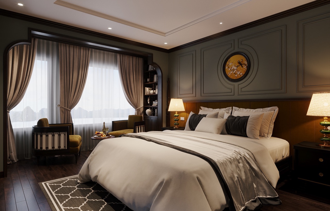 Luxurious hotel bedroom with elegant decor, cozy lighting, and panoramic city views.