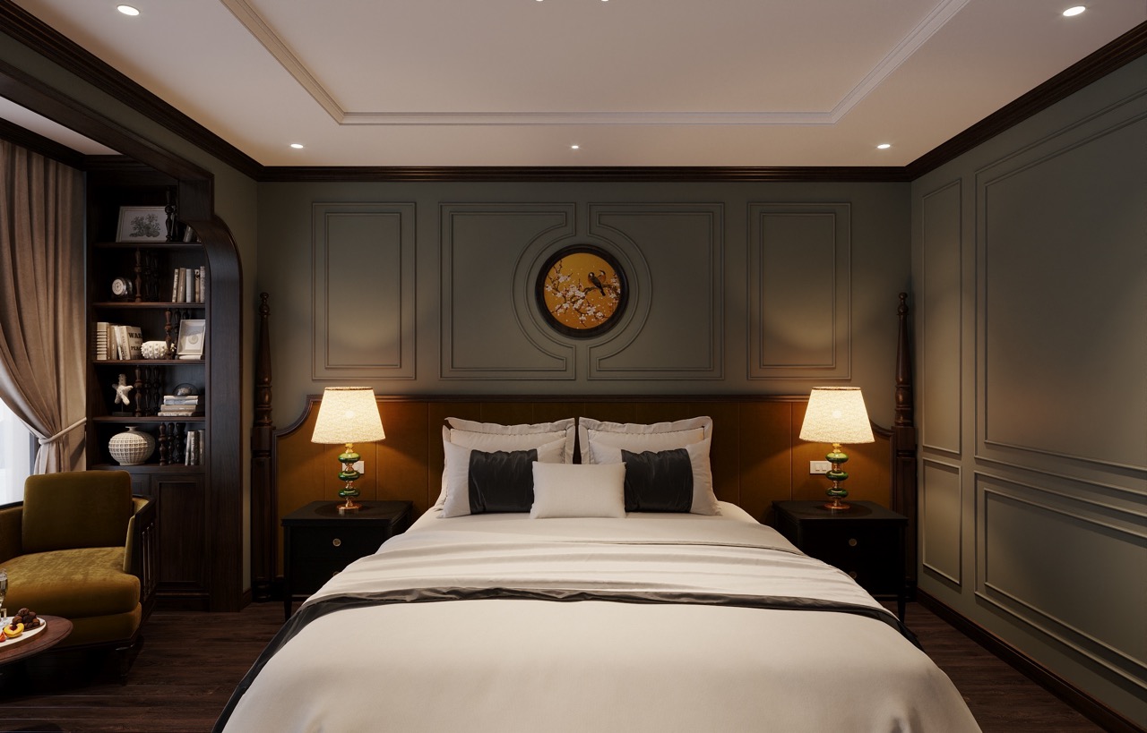 Elegant hotel bedroom with stylish decor, cozy bedding, and warm lighting for a relaxing stay.