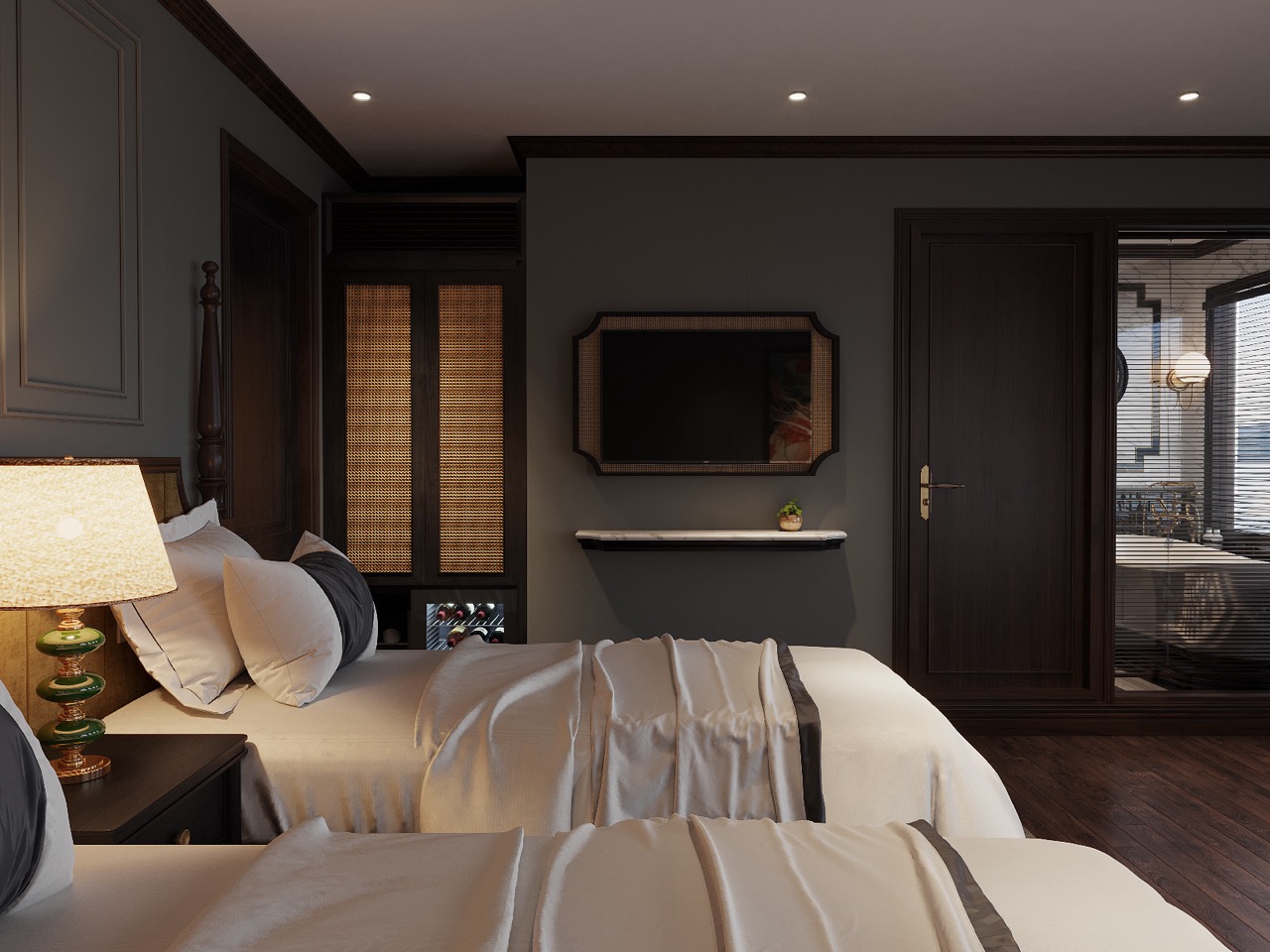 Luxurious hotel bedroom with elegant dark wood furniture and cozy bedding, perfect for comfort and relaxation.