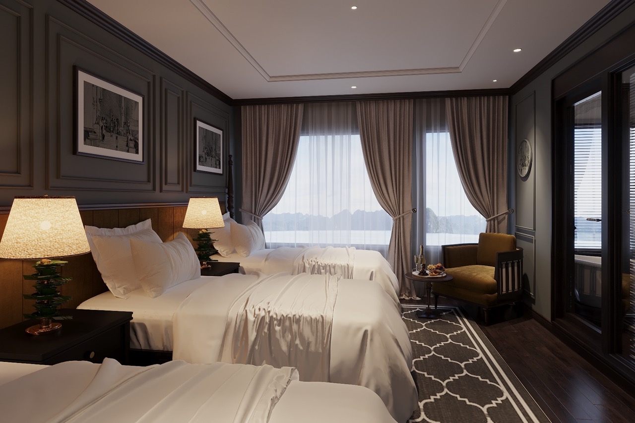 Luxury hotel room with elegant decor, modern furnishings, and scenic mountain views.