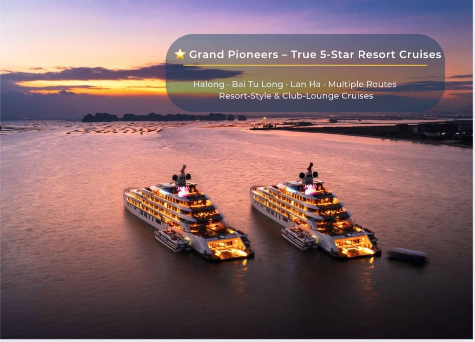 Luxury cruise ships at sunset along Halong Bay, Vietnam, offering resort-style vacation experiences.