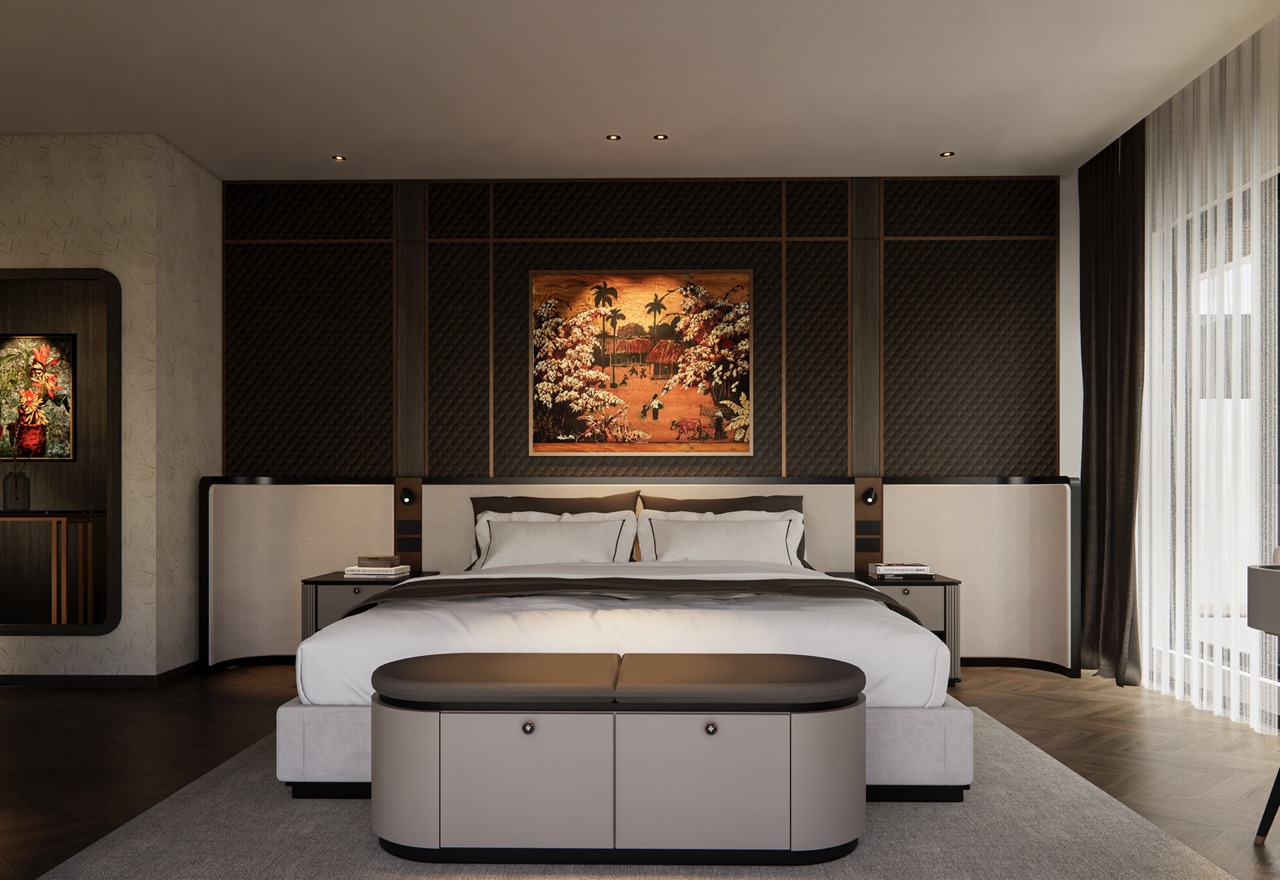 Luxurious hotel bedroom with modern decor and elegant furnishings.