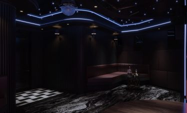 Elegant dark lounge with modern neon lighting, luxurious seating, and sophisticated decor for VIP experience.