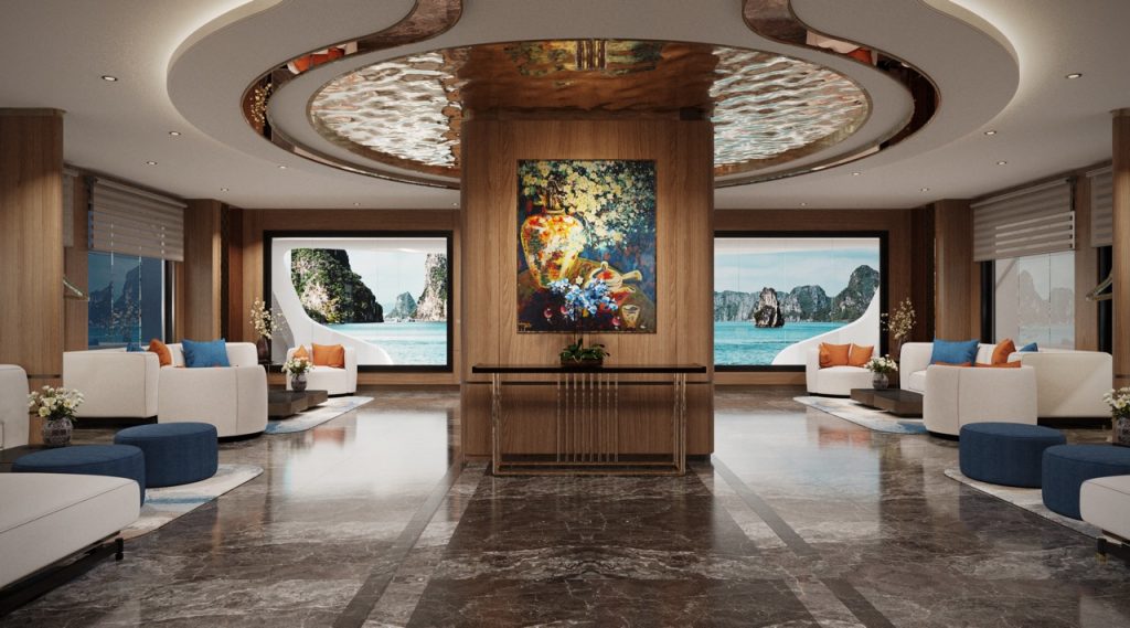 Elegant yacht lounge with ocean views, modern decor, and luxurious seating for a premium cruise experience.