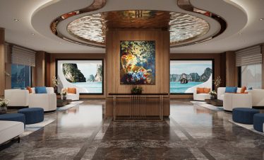 Elegant yacht lounge with ocean views, modern decor, and luxurious seating for a premium cruise experience.