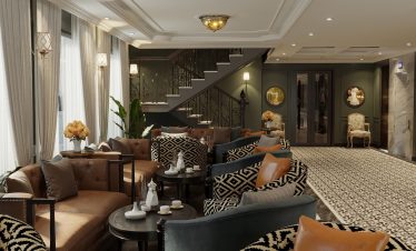 Elegant hotel lobby with luxurious seating and stylish decor - perfect for upscale travel.
