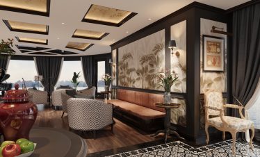 Luxurious modern hotel lounge with scenic ocean views and elegant decor.