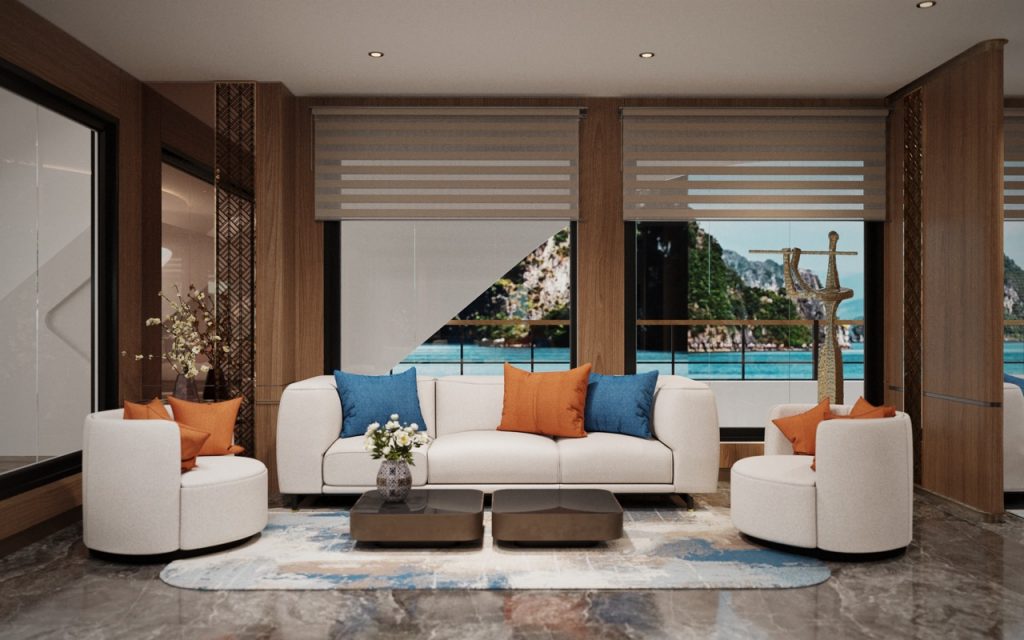 Elegant seaside living room with ocean views, modern furniture, and stylish decor.