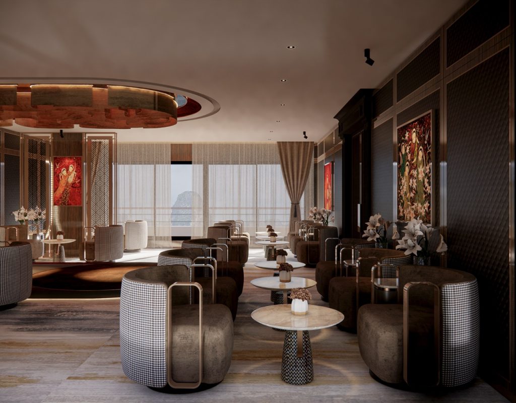 Elegant hotel lounge with luxurious seating and modern decor, ideal for relaxation and meetings.