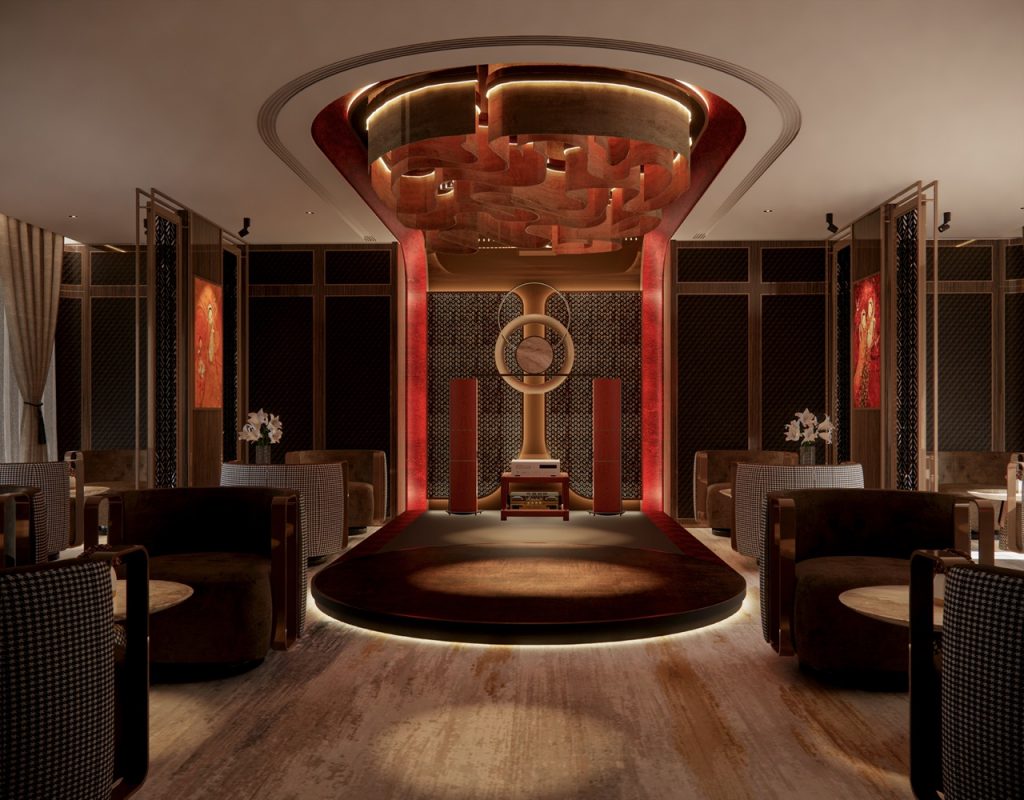 Luxurious modern lounge with elegant decor and ambient lighting for exclusive events and relaxation.