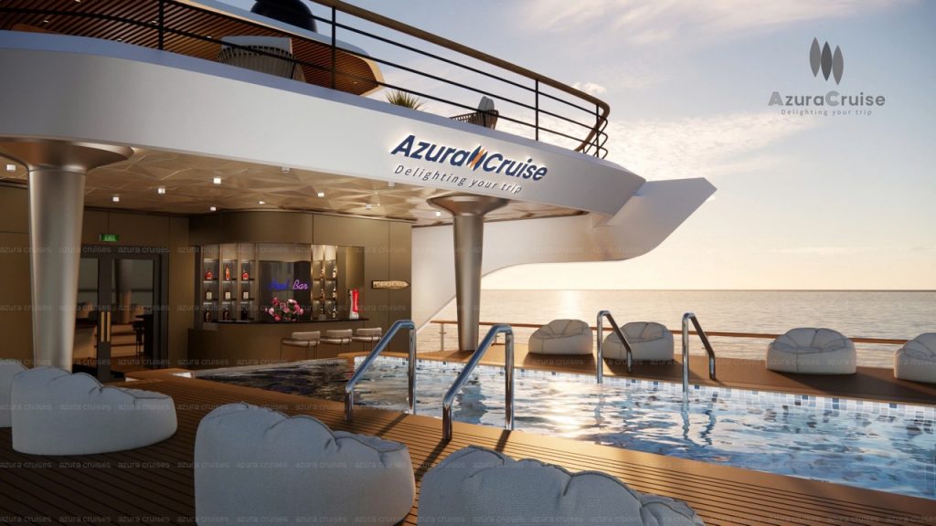 Luxurious cruise pool deck at sunset on Azura Cruise, featuring modern amenities and elegant seating.