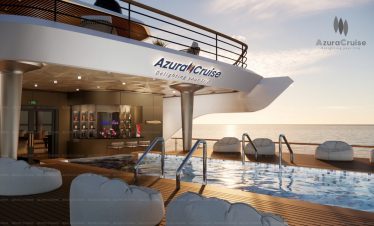 Luxurious cruise pool deck at sunset on Azura Cruise, featuring modern amenities and elegant seating.