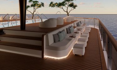 Luxurious yacht deck with comfortable seating and scenic ocean views.