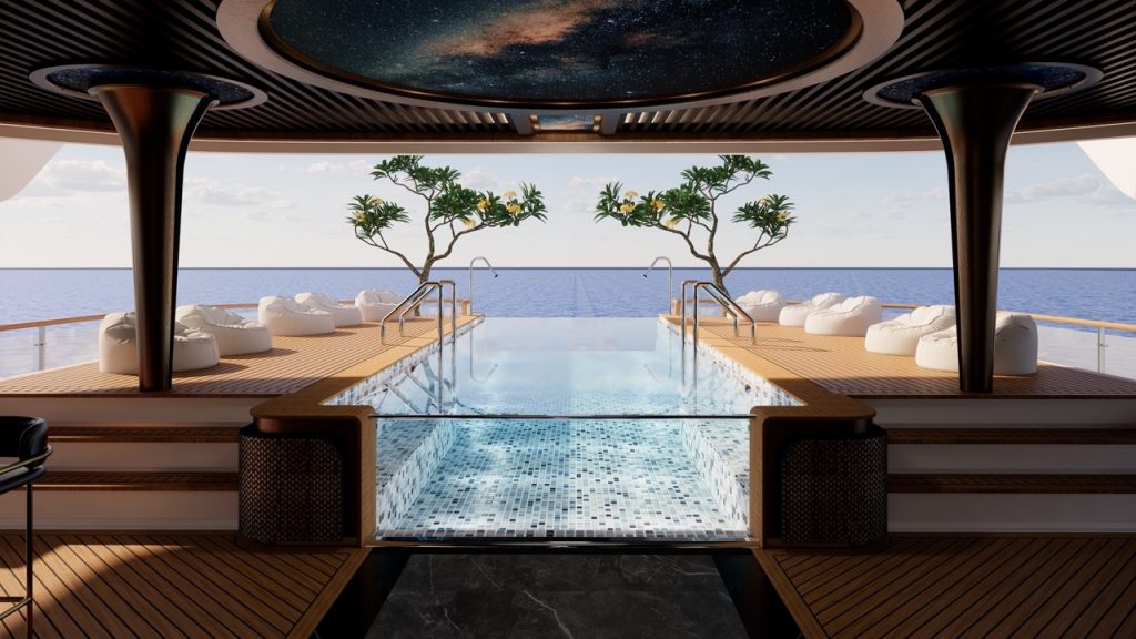 Luxurious infinity pool on a yacht with ocean view, modern deck, and relaxing bean bags.