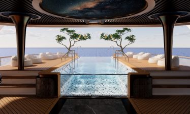 Luxurious infinity pool on a yacht with ocean view, modern deck, and relaxing bean bags.