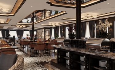 Luxurious hotel restaurant interior with elegant decor and upscale ambiance.