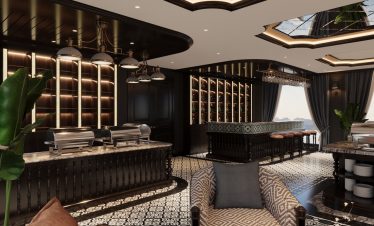 Luxurious hotel lounge with elegant dark wood decor and ambient lighting.