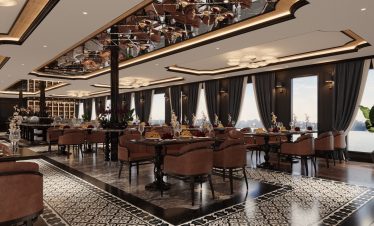 Luxurious restaurant interior with elegant decor, large windows, and scenic water view.