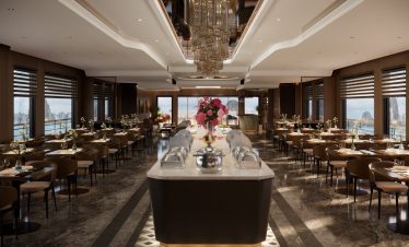 Elegant restaurant interior with panoramic ocean views and luxurious decor for perfect dining experiences.