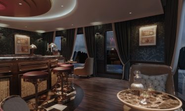 Luxurious hotel lounge with elegant dark decor and ambient lighting for an upscale experience.