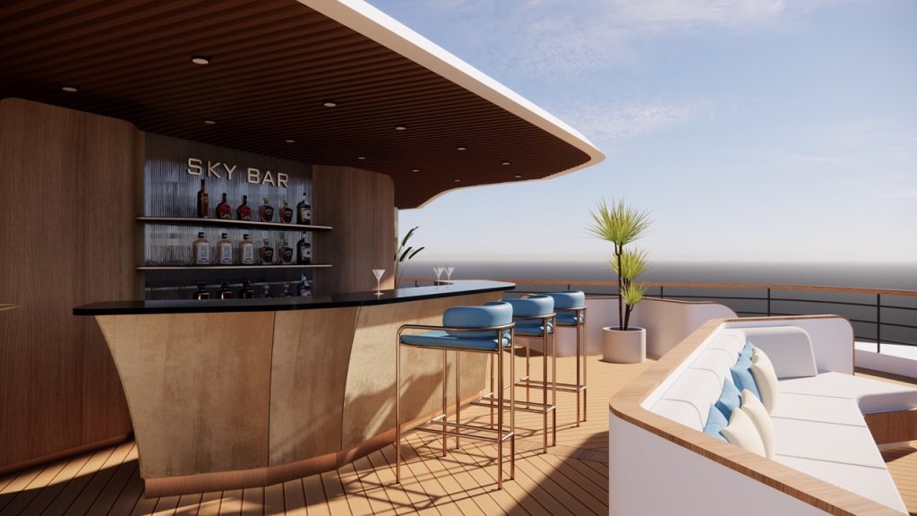 Luxurious rooftop sky bar with modern seating and panoramic ocean view, perfect for cocktails.