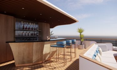 Luxurious rooftop sky bar with modern seating and panoramic ocean view, perfect for cocktails.