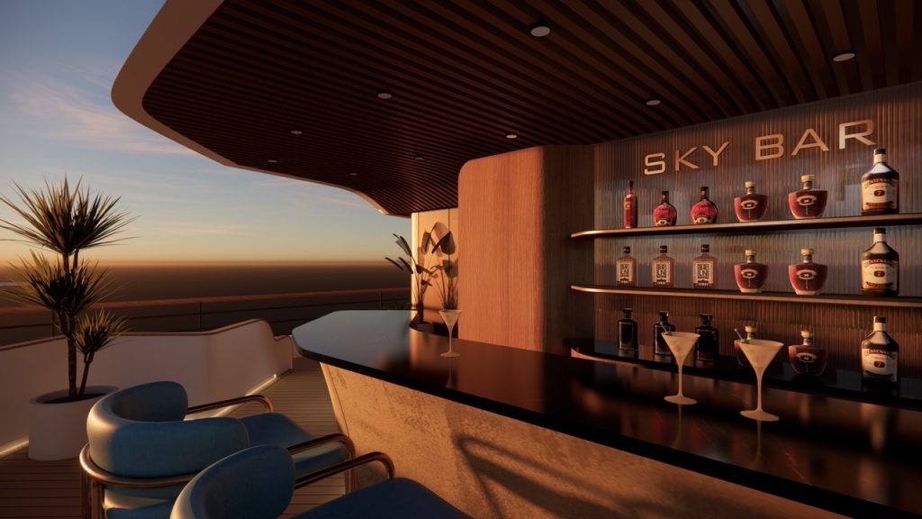 Luxurious rooftop sky bar with modern design and panoramic sunset view in Vietnam.
