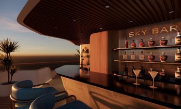 Luxurious rooftop sky bar with modern design and panoramic sunset view in Vietnam.