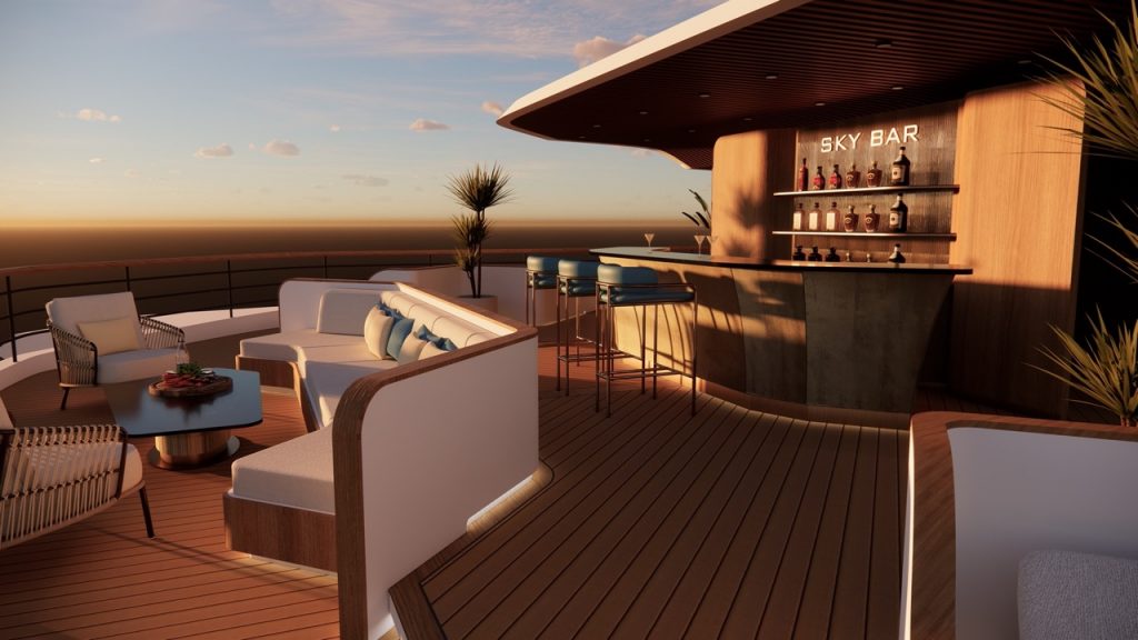 Luxurious rooftop sky bar on a cruise ship at sunset, modern outdoor lounge with seating and bar area.