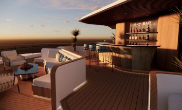 Luxurious rooftop sky bar on a cruise ship at sunset, modern outdoor lounge with seating and bar area.