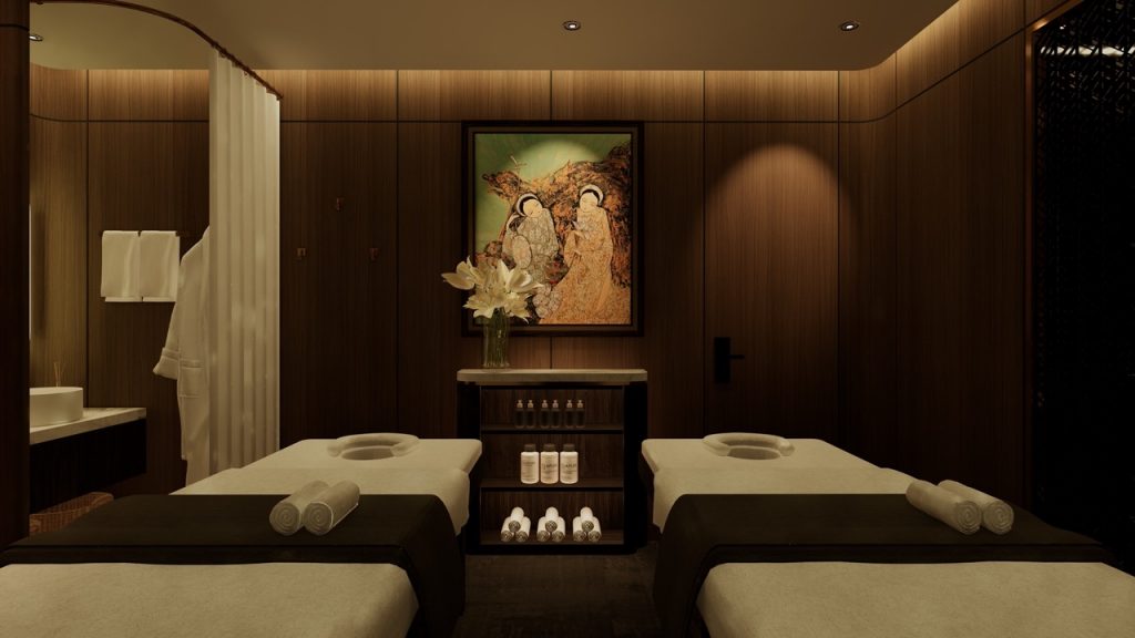 Relaxing spa massage room with healing ambiance and wooden interior decor.