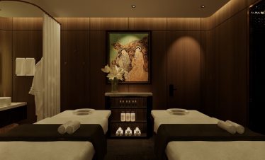 Relaxing spa massage room with healing ambiance and wooden interior decor.