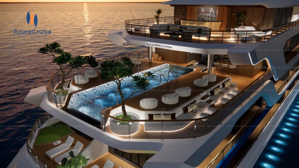 Luxurious cruise ship deck with infinity pool, sun loungers, and panoramic ocean views at sunset.