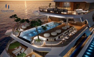 Luxurious cruise ship deck with infinity pool, sun loungers, and panoramic ocean views at sunset.