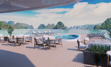 Stunning yacht deck with ocean view and relaxing hot tub in Vietnam.