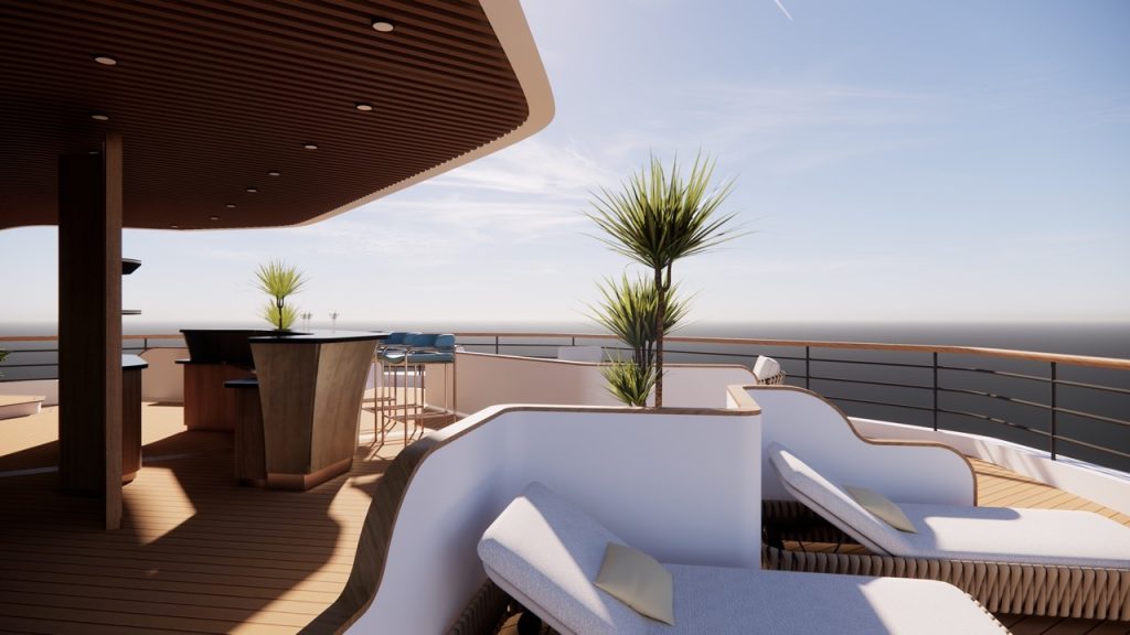 Luxurious rooftop bar with ocean view and lounge outdoor seating in Vietnam.