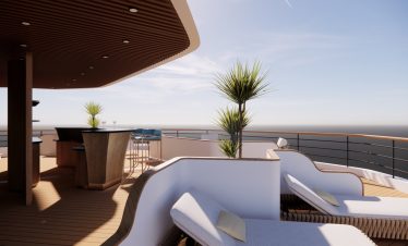 Luxurious rooftop bar with ocean view and lounge outdoor seating in Vietnam.